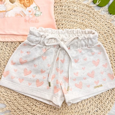  Conj. Blusa Doguinha Princess e Short Corações em Linho - Salmão e Areia